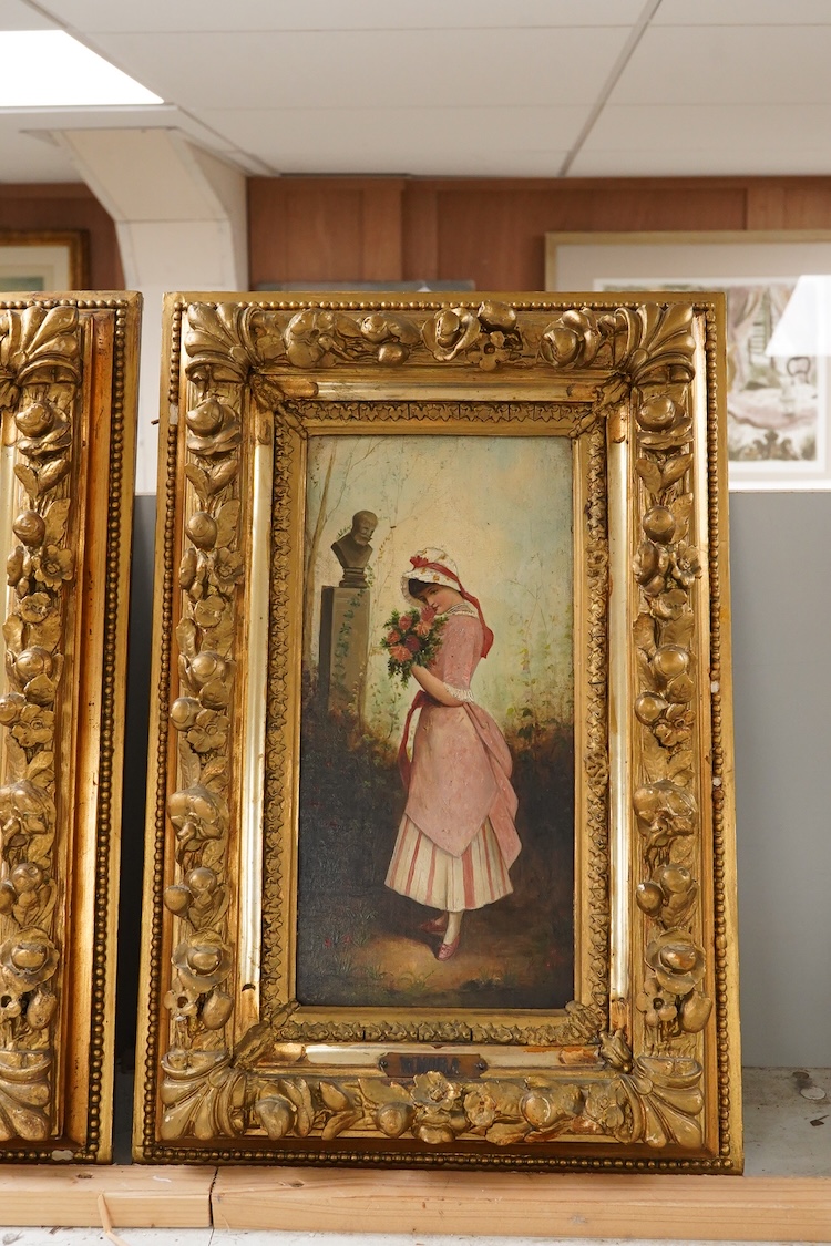 W. Mora, 19th century, Full length studies of young beauties, each signed, pair of oils on board, 29 x 14cm, housed in gilt frames